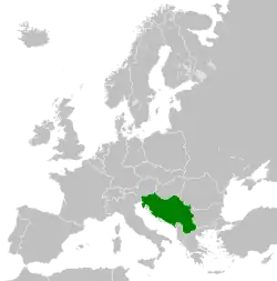 Map of Europe in 1989, showing Yugoslaviahighlighted in green