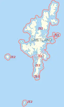 ZE postcode area map, showing postcode districts and the post town.