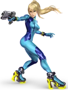 A computer-generated image of a woman wearing a tight-fitting blue suit.