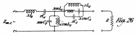 A circuit consisting of a series resonator (i.e., an inductor and capacitor in series), a shunt anti-resonator (i.e., the same devices in parallel), another series resonator in parallel with an inductor and a capacitor, and a terminating resistor. Component values are marked as multiples of the components of a prototype filter (not shown).