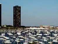 A boat dock on Lake Michigan in Chicago.