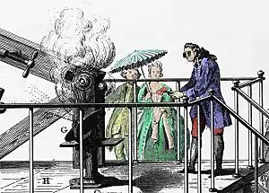 Drawing of Lavoisier conducting an experiment in front of onlookers