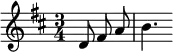 
 \relative
 { \set Score.tempoHideNote = ##t \tempo 4 = 90 \set Staff.midiInstrument = #"trumpet"
  \key d \major
  \time 3/4 \partial 4. \autoBeamOff
     d'8 fis a | b4.
  }
