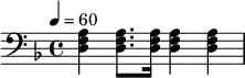 \relative d { \clef bass \tempo 4=60 \key d \minor <d f a>4 <d f a>8. <d f a>16 <d f a>4 <d f a>4 }