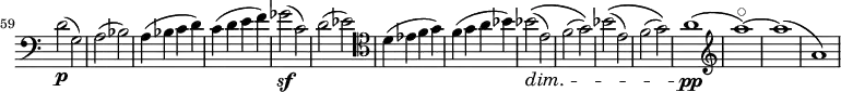 
\relative c' \new Staff \with { \remove "Time_signature_engraver" } {
  \key a \minor \clef bass
  \set Staff.midiInstrument = "cello"
  \set Score.tempoHideNote = ##t \tempo 2 = 72
  \time 2/2
  \set Score.currentBarNumber = #59 \bar ""
  \override Score.SpacingSpanner #'common-shortest-duration = #(ly:make-moment 1 2)
  d2(\p g,) | a( bes) | a4( bes c d) | c( d e f) | ges2(\sf c,) | d( es) | \clef tenor d4( es f g) | f( g a bes) |
  bes2(\(\dim e,) | f( g)\) | bes(\( e,) | f( g)\) | a1(\pp | \clef treble a'\flageolet) ~ | a( | a,) |
}
