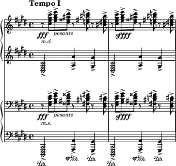  {
#(set-global-staff-size 14)
\new StaffGroup
\with {
    \omit SystemStartBracket
    \override StaffGrouper.staffgroup-staff-spacing.basic-distance = #15
  } <<
\new PianoStaff <<
\new Staff \with { \magnifyStaff #3/4 } <<
\relative c'' { \time 4/4 \clef treble \key cis \minor \tempo "Tempo I" \tempo 4 = 50 \set Staff.extraNatural = ##f r8\fff _\markup {\left-align \italic m.d.} <cis e gis cis>-> <e gis b e>->_\markup { \italic pesante} <dis fisis ais dis>-> r <d fis bis d>-> r <bis dis fis bis>-> r <cis e gis cis>->_\markup {\dynamic sffff} <e gis b e>-> <dis fisis ais dis>-> r <d fis bis d>-> r <bis dis fis bis>->}
>>
\new Staff \with { \magnifyStaff #3/4 } <<
\relative c { \time 4/4 \clef treble \key cis \minor <cis e gis cis>2-> <a' a'>4-> <gis gis'>-> <cis, e gis cis>2-> <a' a'>4-> <gis gis'>->}
>>
>>

\new PianoStaff <<
\new Staff \with { \magnifyStaff #3/4 } <<
\relative c { \time 4/4 \clef bass \key cis \minor \set Staff.extraNatural = ##f r8\fff _\markup {\left-align \italic m.s.} <e gis cis e>-> <gis b e gis>->_\markup { \italic pesante} <fisis ais dis fisis>-> r <fis bis d fis>-> r <dis fis bis dis>-> r <e gis cis e>->_\markup {\dynamic sffff} <gis b e gis>-> <fisis ais dis fisis>-> r <fis bis d fis>-> r <dis fis bis dis>->}
>>
\new Staff \with { \magnifyStaff #3/4 } <<
\relative c,, { \time 4/4 \clef bass \key cis \minor <cis e gis cis>2->\sustainOn <a' a'>4-> \sustainOff \sustainOn <gis gis'>->\sustainOn <cis, e gis cis>2-> \sustainOn <a' a'>4->\sustainOff \sustainOn <gis gis'>->\sustainOn}
>>
>>
>>
} 