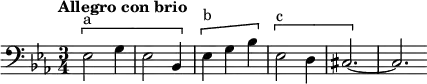 
\new Staff
  \relative c{
  \clef bass
  \key ees \major
  \time 3/4
  \tempo "Allegro con brio" \tempo 2 = 80
  \[^"a" ees2 g4 ees2 bes4 \] \[^"b" ees4 g bes \] \[^"c" ees,2 d4 cis2.~\] cis \bar "" 
}
