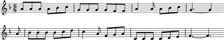 
\new Staff <<
\clef treble \key f \major {
      \time 6/8 \partial 2.
      \relative a' {
	a8 a a a bes c | g8 g g g f f# | a4 a8 a bes c | g4.~ g4 \bar"" \break
        a8 | bes8 bes bes bes c d | c4 a8 f g a | c,8 c c c d e | f4.~ f4. \bar"" \break
      }
    }
%\new Lyrics \lyricmode {
%}
>>
\layout { indent = #0 }
\midi { \tempo 4. = 56 }
