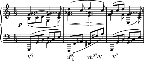  {
   #(set-global-staff-size 16)
   \new PianoStaff <<
      \new Staff <<
         \new Voice \relative c' {
             \stemUp \time 6/8
             <f g>4.^~ <f g>4^~ <e g>8
             d'4^( c8 e4 c8)
             b^( c d) <f, g>4^~ <e g>8
             }
         \new Voice \relative c' {
             \stemDown
              \override DynamicText.X-offset = #-4
              \override DynamicLineSpanner.staff-padding = #4
              b8_(\p c d g,4 c8)
             <f aes>4.\< <e a>4.\>
             <f g>4\! f8 e,4_( c'8)
              }
            >>
     \new Staff <<
         \new Voice \relative c, {
             \clef F \time 6/8
             \stemUp g8^( g' b d c e)
             \stemNeutral f,,( f' aes fis fis' a)
             \stemUp g,,8^( g' b d c e)
             }
         \new Voice \relative c {
             \stemDown
             s4._\markup { \concat { "V" \raise #1 \small "7" \hspace #16 "ii" \raise #1 \small "o" \combine \raise #1 \small 6 \lower #1 \small 5 \hspace #6 "vii" \raise #1 \small "ø7" "/V" \hspace #5 "V" \raise #1 \small "7" } } g s2. s4. g
             }
         >>
    >>

}
