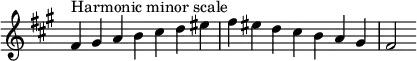  {
\omit Score.TimeSignature \relative c' {
  \key fis \minor \time 7/4 fis^"Harmonic minor scale" gis a b cis d eis fis eis d cis b a gis fis2
} }
