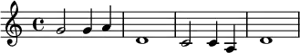 {\set Staff.midiInstrument = #"celesta" \key c \major \time 4/4 g'2 g'4 a'4 d'1 c'2 c'4 a4 d'1}