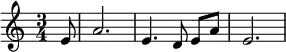 
\relative c' { 
  \once \omit Score.MetronomeMark \tempo 2. = 66
  \set Staff.midiInstrument = #"french horn"
  \key c \major
  \time 3/4
  \partial8 e8 a2. e4. \autoBeamOff d8 \autoBeamOn e a e2.
}
