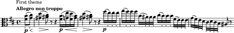 
    \relative c' {
        \set Score.tempoHideNote = ##t \tempo 4 = 116
        \set Staff.midiInstrument = #"viola"
        \set Score.currentBarNumber = #19
        \key b \minor
        \time 4/4
        \clef alto
        \bar "19"
        \partial 4^\markup {  \translate #'(-4 . 0)
              \column {
                \line { First theme }
                \line { \bold { Allegro non troppo} }
            }
        }
        <fis b>8_.\p\< (<g cis>_.)\! <gis d'>4\> (<ais cis>8)\! r8 r4 <fis b>16\p\< (<g e'> <fis d'> <g b>)\! <gis d'>4\> (<ais cis>8)\! r8 r4 fis'16\p (e_.) e_. e_. g (fis_.) fis_. fis_. b, (ais_.) ais_. ais_. cis (b_.) b_. b_. fis (e_.) e_. e_. g (fis_.) e_. d_. cis_. d_. cis_. b_. ais8 r8
}
