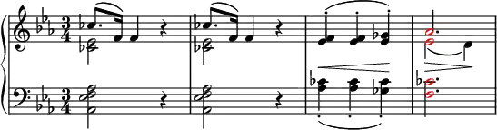 
    {
      \new PianoStaff <<
        \new Staff <<
            \new Voice \relative c'' {
                \clef treble \key es \major \time 3/4
                \override DynamicLineSpanner.staff-padding = #4
                \stemUp ces8.^( f,16) f4 r4 ces'8.^( f,16) f4 r4 <es f>^.^(\< <es f>^. <es ges>^.)\! \once \override NoteHead.color = #red aes2.
                }
            \new Voice \relative c' {
                \stemDown <ces es>2 s4 <ces es>2 s4 s2. \once \override NoteHead.color = #red es2_(\> d4)\!
                }
            >>
        \new Staff <<
            \relative c {
                \clef bass \key es \major \time 3/4
                <aes es' f aes>2 r4 <aes es' f aes>2 r4 <aes' ces>4_._( <aes ces>_. <ges ces>_.) \once \override NoteHead.color = #red <f ces'>2.
                }
            >>
    >> }
