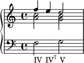 
    {
      \override Score.SpacingSpanner.strict-note-spacing = ##t
  \set Score.proportionalNotationDuration = #(ly:make-moment 1/6)
      \new PianoStaff <<
        \new Staff <<
            \new Voice \relative c'' {
                \stemUp \clef treble \key c \major \time 4/4
                f4 e d2
                }
            \new Voice \relative c'' {
                \stemDown
                <a c>2 <g b>
                }
            >>
        \new Staff <<
            \relative c {
                \clef bass \key c \major \time 4/4
                f2_\markup { \concat { "IV" \hspace #1 "IV" \super \column { "7" } \hspace #1 "V" } }
                g
                }
            >>
    >> }
