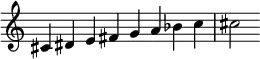 
{
\override Score.TimeSignature #'stencil = ##f
\relative c' {
  \clef treble \key c \major \time 8/4
  cis4 dis e fis g a bes c cis2
} }
