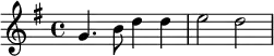 \relative c' {\set Staff.midiInstrument = #"tubular bells" \key g \major g'4. b8 d4 d e2 d}