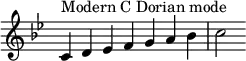  {
\key c \dorian
\override Score.TimeSignature #'stencil = ##f
\relative c' {
  \clef treble \time 7/4
  c4^\markup { Modern C Dorian mode } d es f g a bes c2
} }
