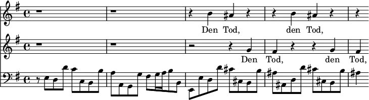 
<< <<
\new Staff { \clef treble \time 4/4 \key e \minor
    \set Staff.midiInstrument = "choir aahs"
    \new Voice = "Sopran" { \relative c'' {
    r1 | r1 | r4 b ais r | r b ais r | r
    } }
}
\new Lyrics {
    \lyricsto "Sopran" {
    Den Tod, den Tod,
    }
}
\new Staff { \clef treble \time 4/4 \key e \minor
    \set Staff.midiInstrument = "choir aahs"
    \new Voice = "Alt" { \relative c'' {
    r1 | r1 | r2 r4 g | fis r r g | fis
    } }
}
\new Lyrics {
    \lyricsto "Alt" {
    Den Tod, den Tod,
    }
}
\new Staff { \clef bass \key e \minor
    \set Staff.midiInstrument = "cello"
    r8 e[ d d'] c'[ c b, b] | a[ a, g, g] fis[ g16 a b8 b,] |
    e,[ e d d'] cis'[ cis b, b] | ais[ ais, d d'] cis'[ cis b, b] | ais4
}
>> >>
\layout { indent = #0 }
\midi { \tempo 4 = 56 }
