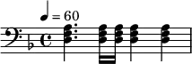 \relative d { \clef bass \tempo 4=60 \key d \minor <d f a>4. <d f a>16 <d f a>16 <d f a>4 <d f a>4 }