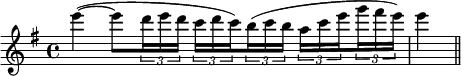 
  \relative c'''{
    \set Staff.midiInstrument = #"violin"
    \set Score.tempoHideNote = ##t
    \tempo 4 = 60
    \clef treble
    \key g \major
    \time 4/4
      e4(~ e8 \times 2/3 { d16 e d } \times 2/3 { c d \set stemRightBeamCount = #1 c) } \set stemLeftBeamCount = #1 \times 2/3 { b( c b } \times 2/3 { a c \set stemRightBeamCount = #1 e } \set stemLeftBeamCount = #1 \times 2/3 { g fis e) } e4( \bar "||"
  }
