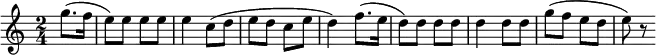 
  \relative {
  \time 2/4
  \partial 4
  {g''8. (f16 | e8) e8 e8 e8 e4 c8 (d8 | e8 d8 c8 e8 d4)
     f8. (e16 | d8) d8 d8 d8 d4 d8 d8 | g8 (f8 e8 d8 e8) r8}
}
