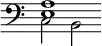 { \override Score.TimeSignature #'stencil = ##f \time 6/4 \clef bass << { <e a>1 } \\ { c2 b, }  >> }