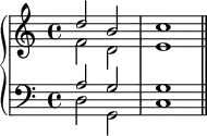 
    {
      \new PianoStaff <<
        \new Staff <<
            \new Voice \relative c'' {
                \stemUp \clef treble \key c \major \time 4/4
                d2 b c1
                }
            \new Voice \relative c' {
                \stemDown
                f2 d e1
                }
            >>
        \new Staff <<
            \new Voice \relative c' {
                \stemUp \clef bass \key c \major
                a2 g g1
                }
            \new Voice \relative c {
                \stemDown
                d2 g, c1 \bar "||"
                }
            >>
    >> }
