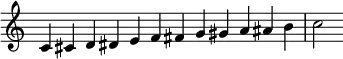  {
\override Score.TimeSignature #'stencil = ##f
\relative c' {
  \clef treble \time 12/4
  c4 cis d dis e f fis g gis a ais b
  c2
  }
}
