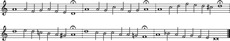 
{ \key c \major
\time 64/2
\set Score.tempoHideNote = ##t
\tempo 2=100
\set Staff.midiInstrument = "english horn"
\omit Score.TimeSignature
\override Score.BarNumber #'transparent = ##t
 a'1 a'2 f' g' a' f' e' d'1\fermata \bar "!" a'1 a'2 g' c'' a' f' g' a'1\fermata \bar "!" a' c''2 d'' f'' e'' d'' cis'' d''1\fermata \bar "!" d''
 e''2 d'' c'' b' a' gis' a'1\fermata \bar "!" d'' c''2 b' c'' a' a' g' f'1\fermata \bar "!" a' bes'2 a' f' g' f' e' d'\breve\bar "|."}
