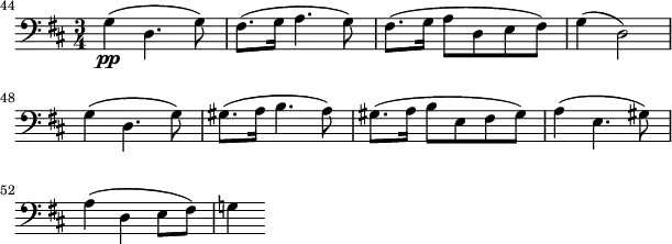 
\header {
  tagline = ""
}
\score {
\relative c' {
  \key b \minor
  \time 3/4
  \clef bass
  \set Score.tempoHideNote = ##t
  \tempo 4 = 96
  \set Staff.midiInstrument = "cello"
  \set Score.currentBarNumber = #44
  \bar ""
  g4\pp( d4. g8) | fis8.( g16 a4. g8) | fis8.( g16 a8 d, e fis) | g4( d2) |\break
  g4( d4. g8) | gis8.( a16 b4. a8) | gis8.( a16 b8 e, fis gis) | a4( e4. gis8) |\break
  a4( d, e8 fis) | g!4
}
\layout {
  ragged-last = ##t
  indent = 0\cm
  line-width = #150
}
\midi {}
}
