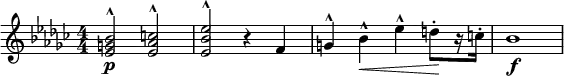 
  \relative c'' { \clef treble \numericTimeSignature \time 4/4 \key ees \minor
   <bes g ees>2^^\p <c aes ees>^^ | <ees bes ees,>^^ r4 f, | g^^ bes^^\< ees^^ d8[\!-. r16 c-.] | bes1\f }
