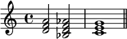 
{
\relative c' {
  \clef treble
  \time 4/4
  <d f a>2 <bes d f aes> <c e g>1 \bar "||"
} }
