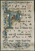 Leaf from a Gradual: Initial P with the Nativity; 1495; ink, tempera and gold on vellum; each leaf: 598 × 41 mm; Cleveland Museum of Art