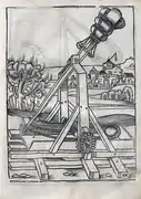 16th-century depiction of a counterweight trebuchet