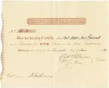 King's College of London subscription certificate for one share to the value of £100, issued 20 June 1829, registered to Alderman Garratt, 1824 Lord Mayor of the City of London