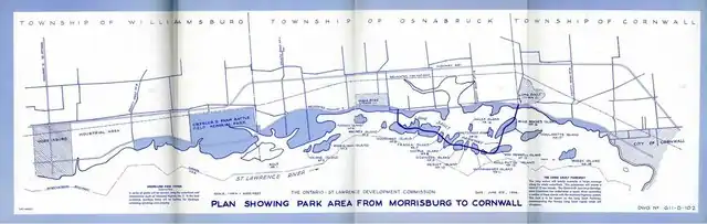 "A blue on white map of the Ontario shoreline on the St. Lawrence which shows the proposed park system on the flooded shoreline."