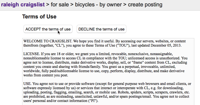 accepting the terms of use for Craigslist