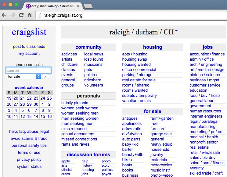 the craigslist home page