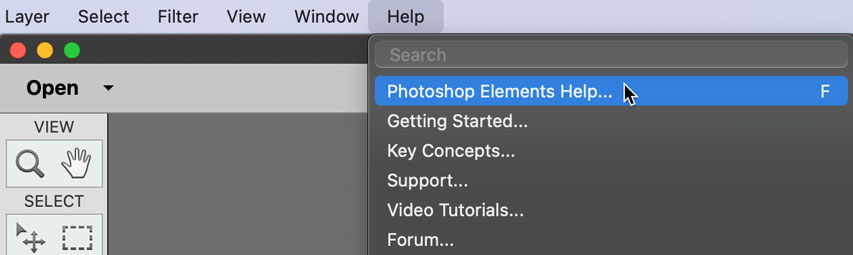 Help menu in Photoshop Elements