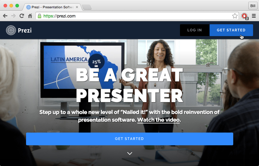 the Prezi homepage