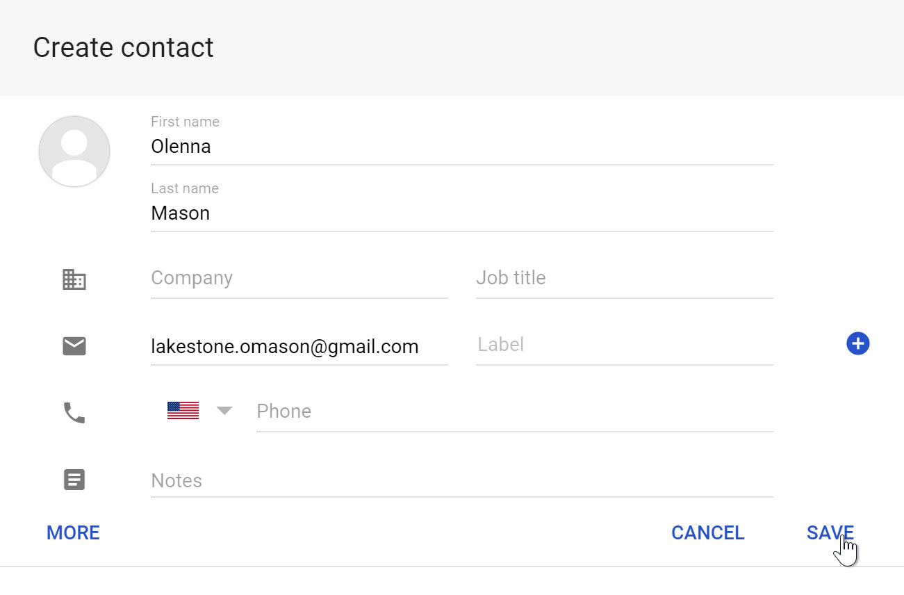 entering contact information and clicking the Save button