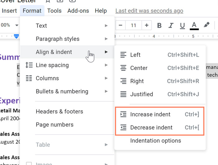 Using the format menu
