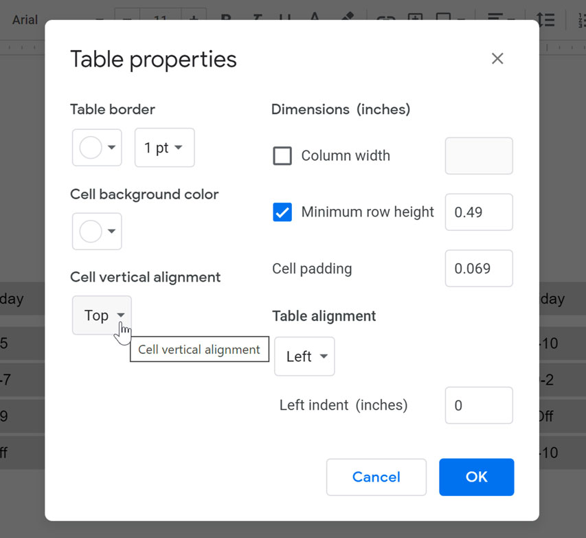 clicking the Cell vertical alignment box