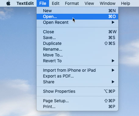 screenshot of an application's File menu