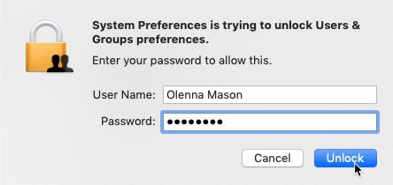 screenshot of entering login credentials to unlock the User & Groups preferences