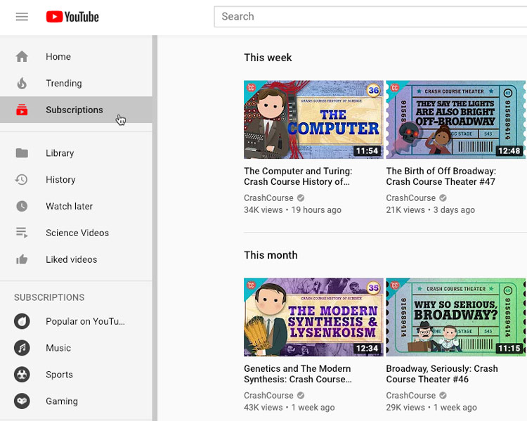 screenshot of the YouTube Subcscriptions tab