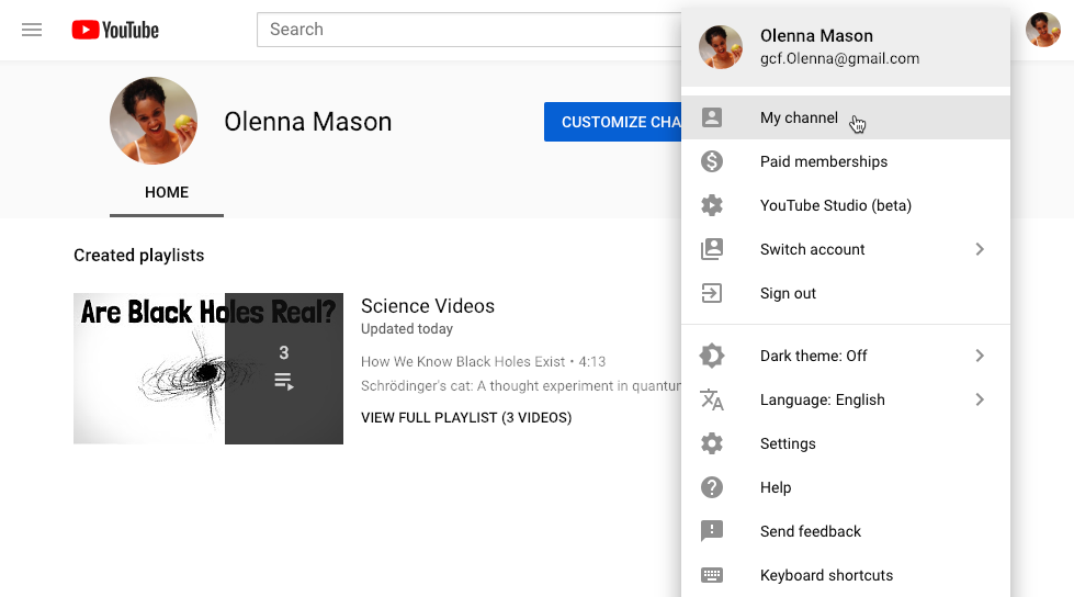 screenshot of how to access your channel on YouTube