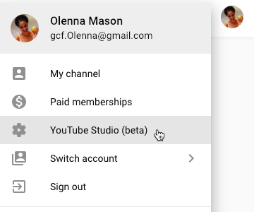 screenshot of how to access the YouTube Studio