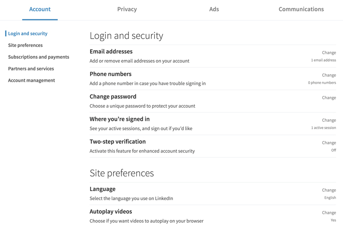 A screenshot of the LinkedIn account settings page